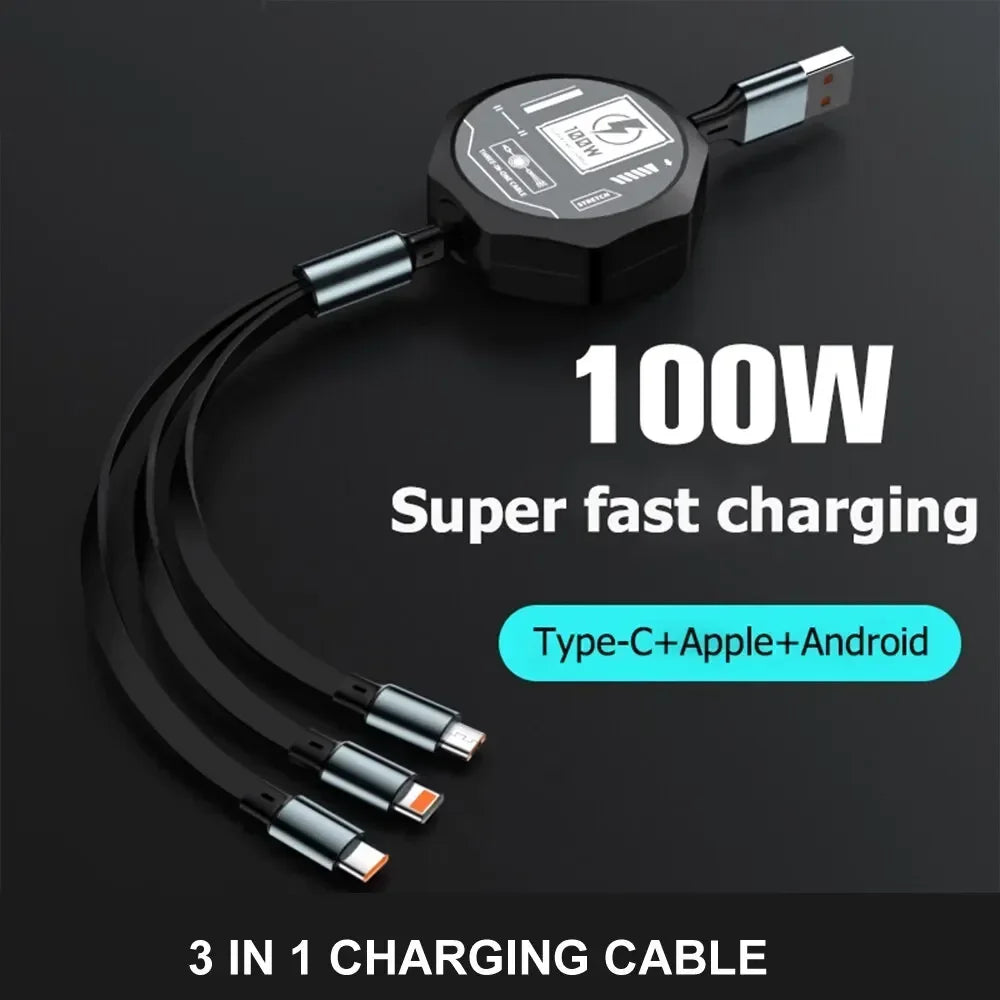 100W 3 In 1 Retractable Usb Cable Fast Charging And Data Micro Usb Type C For Iphone 15 14 13 Pro Max Android Phone Xiaomi Cable