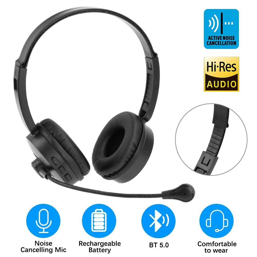 Headset Wireless Bluetooth 5.0 Headset With Noise Cancelling Microphone Ideal For Truck Drivers, Offices, Call Centre Work