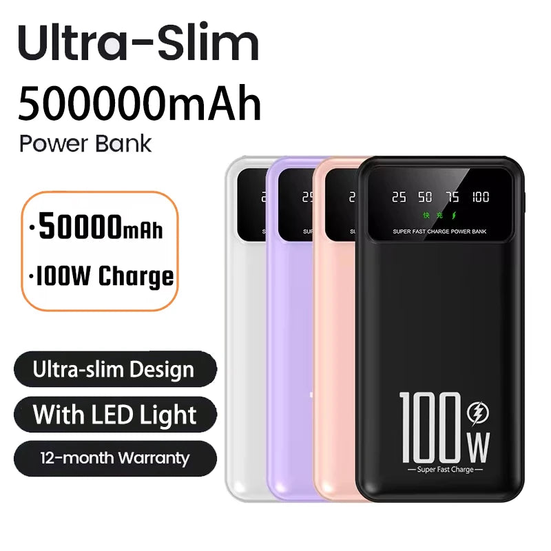 2025 New Power Bank 50000Mah High Capacity 100W Fast Charging Portable Charger External Battery Pack Powerbank For Iphone Huawei