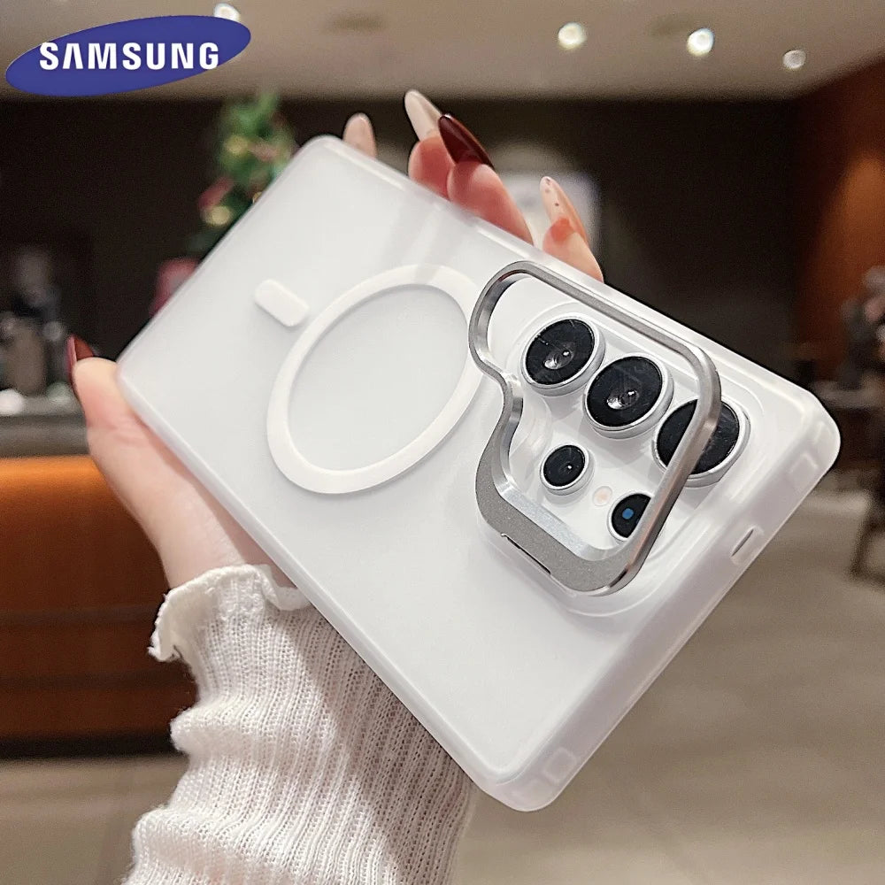 Magnetic Transparent Metal Lens Stand Matte Case Samsung Galaxy S25 S24 Fe S23 S22 Ultra Plus Acrylic Clear Shockproof Cover