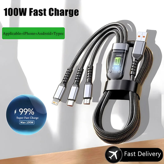 100W Fast Charging Cable Multi Charger Cable Nylon Braided Multiple Usb Universal 3 In 1 Charging Cord Adapter With Type-C Micro