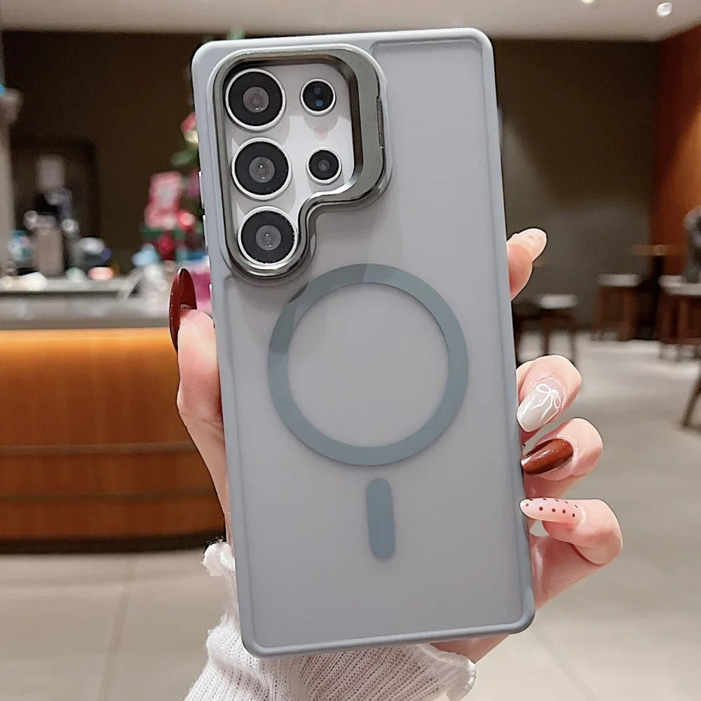 Magnetic Transparent Metal Lens Stand Matte Case Samsung Galaxy S25 S24 Fe S23 S22 Ultra Plus Acrylic Clear Shockproof Cover